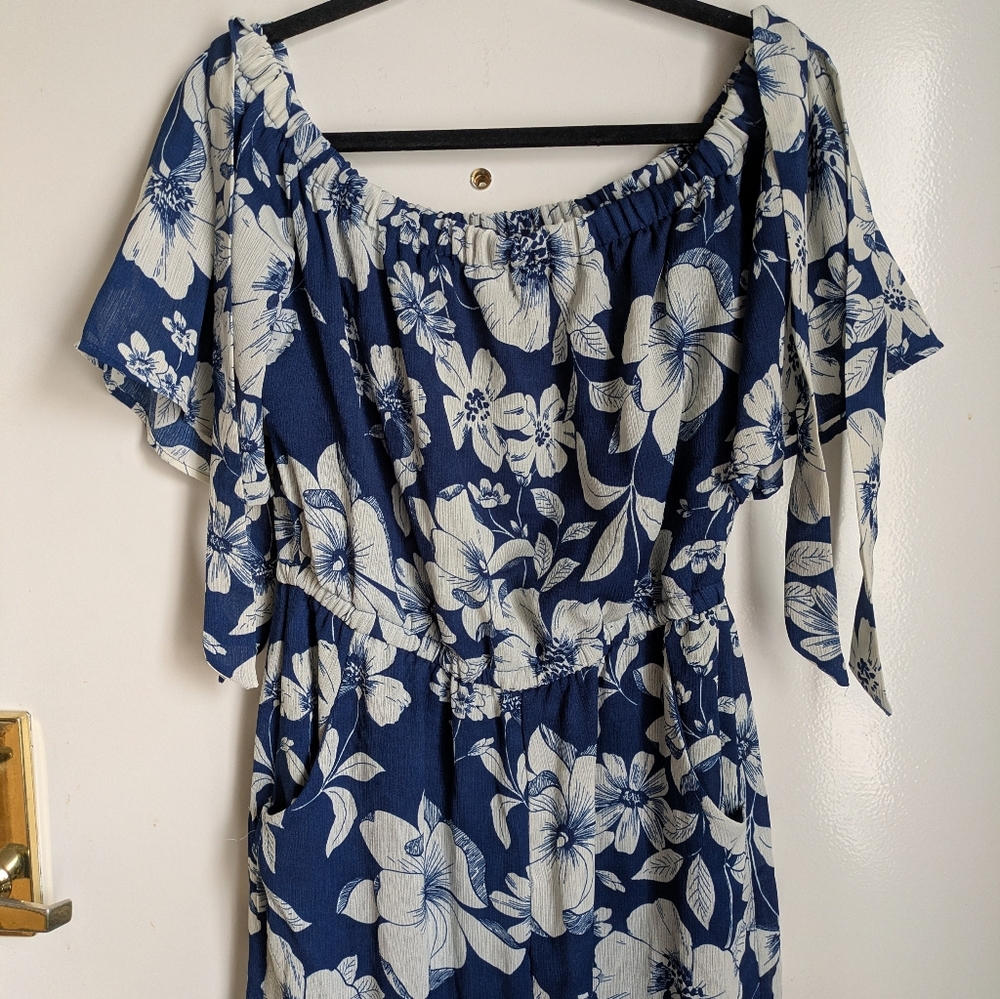 AUW Blue White Floral Tropical Wide Leg Jumpsuit w/ Pockets Shoulder Ties - Picture 4 of 16